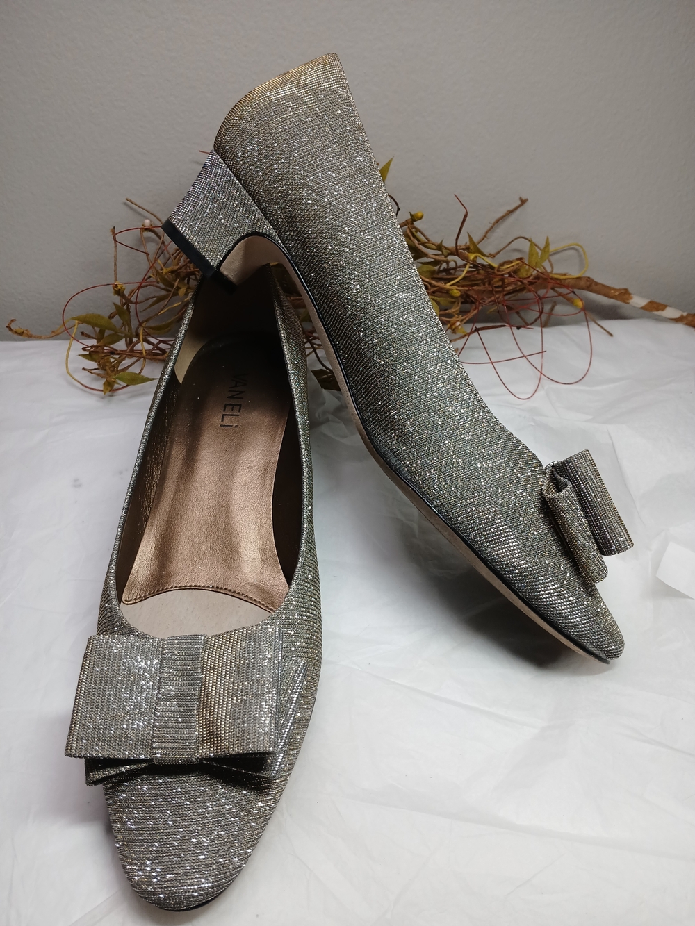 Vaneli Sparkle Bow Block Heel Pumps - Silver Gold Platinum Designer